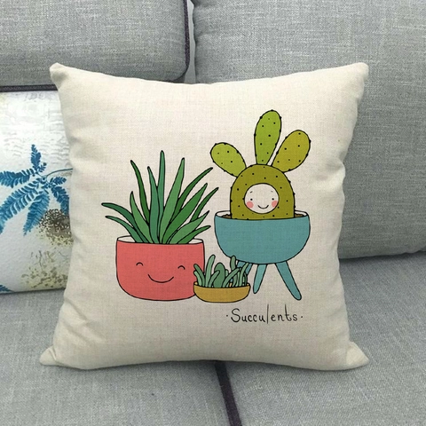 Cartoon Sukkulenten Topfpflanze Muster Baumwolle Leinen Quadratischer Kissenbezug Für Sofa Wohnzimmer Dekorative Kissenhülle
