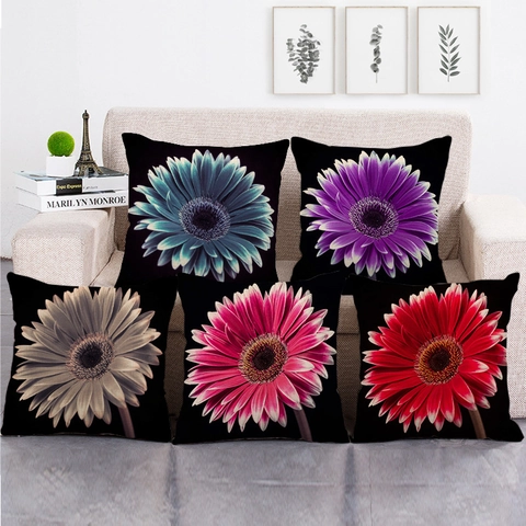 Gerbera Gänseblümchen Floral Leinen Kissenbezüge Schwarzer Hintergrund Quadratische Kissenhülle Für Heim Sofa Dekor