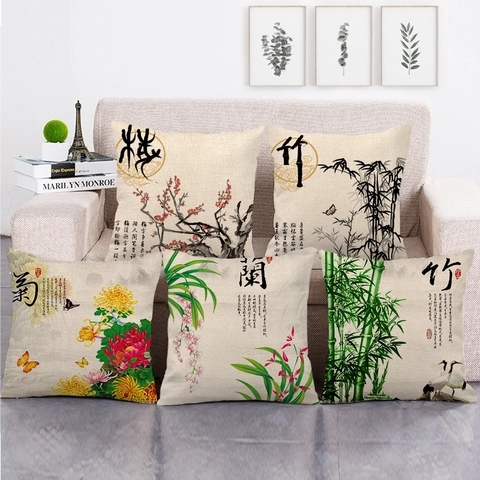 Traditional Chinese Ink Wash Painting Linen Pillowcase Vintage Floral Bird Pattern Square Cushion Cover For Sofa Living Room Decor