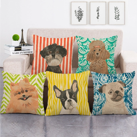 Federa Per Cuscino Cane Lino Sfondo Geometrico Illustrazione Fatta A Mano Divano Arredamento Casa Moderno Artistico