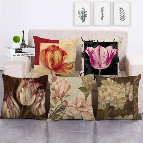 Vintage Oil Painting Floral Linen Pillowcase Square Retro Flower Pattern Cushion Cover Decorative Throw Pillow Case Home Decor 45x45cm