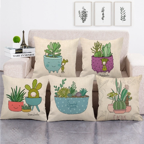 Cartoon Sukkulenten Topfpflanze Muster Baumwolle Leinen Quadratischer Kissenbezug Für Sofa Wohnzimmer Dekorative Kissenhülle
