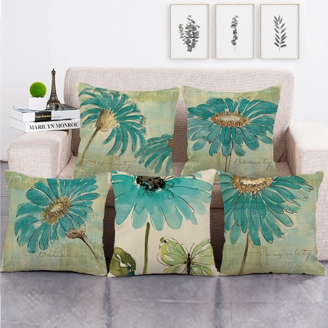Vintage Leinen Kissenbezug Dekorativer Quadratischer Kissenhülle Mit Blauem Gänseblümchen Blumenmuster Schriftzug Druck Für Wohnzimmer Sofa Wohnkultur