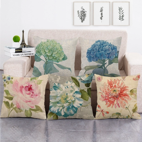 Vintage Blumen Aquarell Ölgemälde Leinen Wurfkissenbezug Quadratischer Dekorativer Kissenbezug Für Sofa Zuhause Ohne Kern