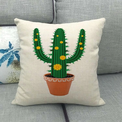 Cartoon Green Potted Cactus Linen Pillowcase Succulent Plant Throw Pillow Cover For Office Home Sofa Decorative Square Cushion Case Cover Only
