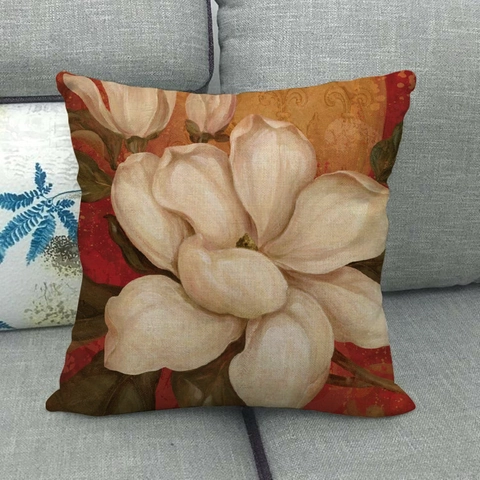 Blumen Ölgemälde Leinen Kissenbezug Vintage Landhaus Dekorativer Kissenhülle Magnolie Pfingstrose Kamelie Druck