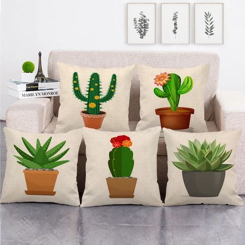 Cartoon Green Potted Cactus Linen Pillowcase Succulent Plant Throw Pillow Cover For Office Home Sofa Decorative Square Cushion Case Cover Only