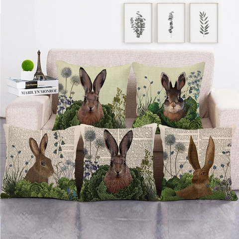 Easter Bunny Rabbit Linen Decorative Throw Pillowcase Vintage Rural Hare Pattern Cushion Cover For Sofa Holiday Home Decor