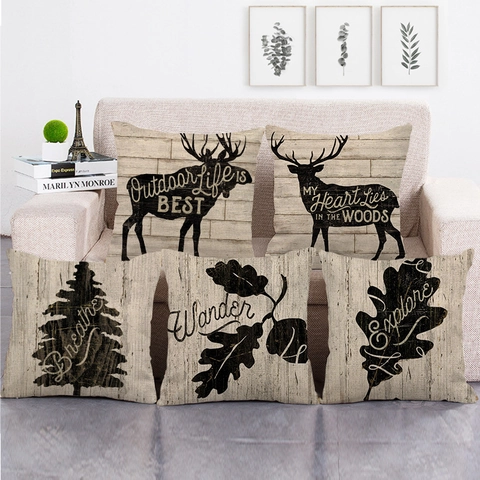 Rustikale Kissenbezüge Aus Leinen Mit Holzmaserung Vintage Wildtiere Hirsch Bär Silhouette Landhaus Dekokissenbezug