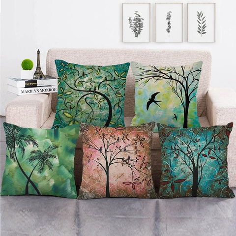 Nature Tree Landscape Decorative Throw Pillow Cases Linen Abstract Oil Painting Square Cushion Covers For Sofa Home Decor