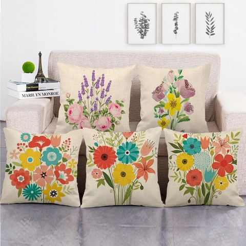 Floral Linen Cotton Cushion Cover Square Decorative Throw Pillow Case For Sofa Bed Farmhouse Living Room