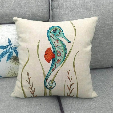 Watercolor Marine Life Linen Cushion Cover Square Throw Pillow Case Coastal Decor Octopus Turtle Seahorse Pattern For Sofa Living Room
