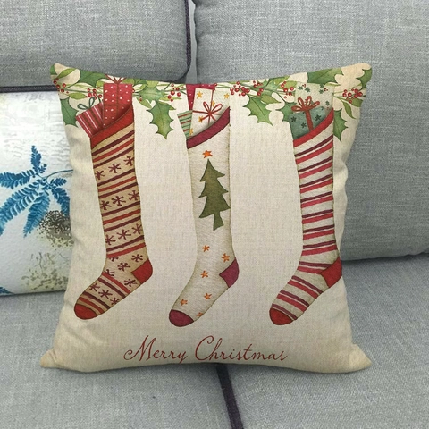 Christmas Linen Cushion Cover Festive Winter Robin Bird Stocking Print Decorative Throw Pillow Case For Home Sofa Decor