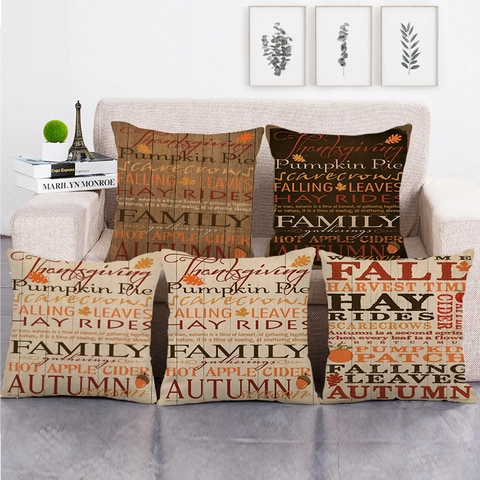 Kussenhoes Linnen Herfst Thanksgiving Pompoen Letter Print Vierkant Decoratieve Kussensloop Bank Huis Decoratie Retro Muziek