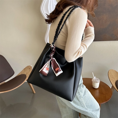 Women Large Capacity PU Leather Tote Bag Vintage Solid Color Commute Shoulder Bag With Woven Handle Decorative Silk Scarf