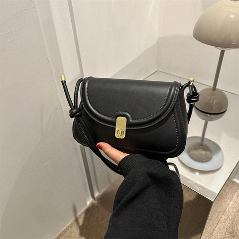 Retro Small Square Shoulder Bag PU Leather Minimalist Golden Lock Underarm Crossbody Bag With Knot Strap For Women