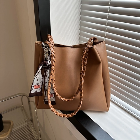 Women Large Capacity PU Leather Tote Bag Vintage Solid Color Commute Shoulder Bag With Woven Handle Decorative Silk Scarf