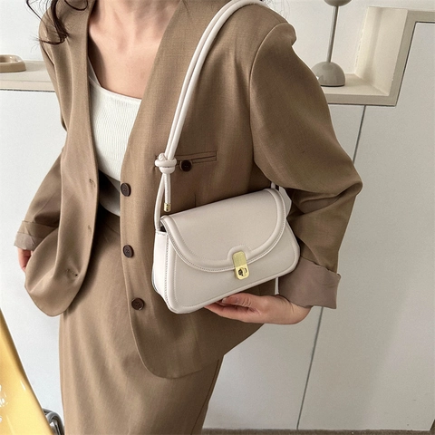 Retro Small Square Shoulder Bag PU Leather Minimalist Golden Lock Underarm Crossbody Bag With Knot Strap For Women