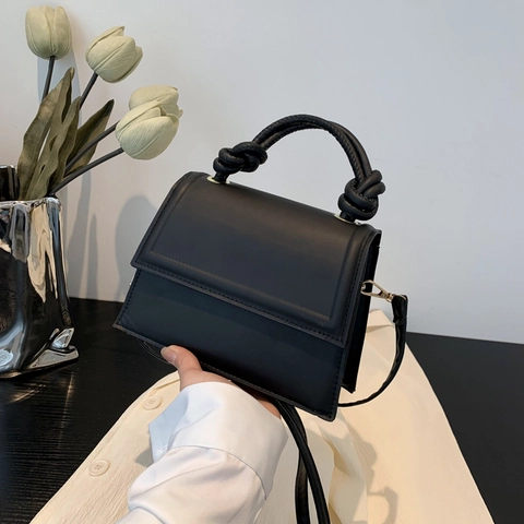Women's PU Leather Small Square Bag With Knotted Handle Minimalist Flap Shoulder Crossbody Handbag Solid Color Fashion Satchel