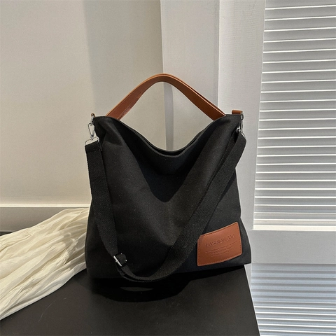 Bolso Tote de Lona Minimalista Para Mujer Gran Capacidad Bolso de Hombro Con Asas de Cuero Sintético Correa Ajustable Bolso Casual