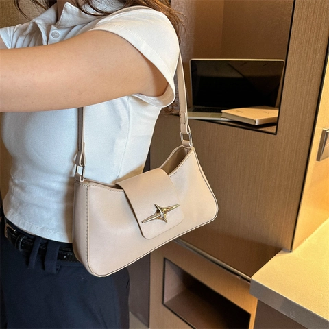 Borsa Sottobraccio in Pelle PU Vintage da Donna Con Fibbia a Stella in Metallo Borsa a Spalla Baguette Minimalista per Ufficio