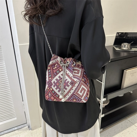 Bohemian Woven Bucket Bag Geometric Jacquard Drawstring With Silver Chain And Artificial Pearl For Women