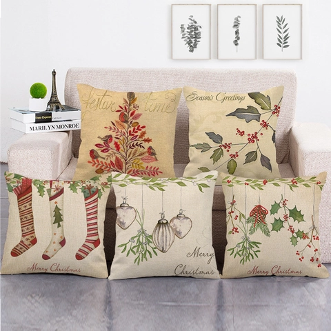 Christmas Linen Cushion Cover Festive Winter Robin Bird Stocking Print Decorative Throw Pillow Case For Home Sofa Decor