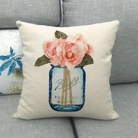 Aquarel Bloemen Linnen Kussenhoes Bloem Glazen Pot Decoratieve Kussensloop Landhuis Sofa Home Decor