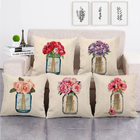 Aquarel Bloemen Linnen Kussenhoes Bloem Glazen Pot Decoratieve Kussensloop Landhuis Sofa Home Decor