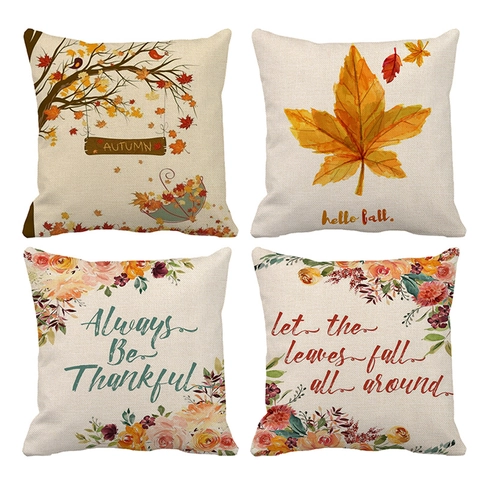 Autumn Fall Maple Leaf Linen Cushion Cover Thanksgiving Decorative Floral Letter Print Square Home Sofa Pillow Case