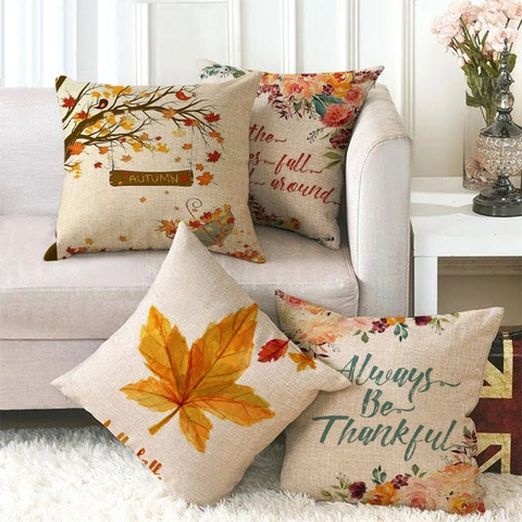 Autumn Fall Maple Leaf Linen Cushion Cover Thanksgiving Decorative Floral Letter Print Square Home Sofa Pillow Case