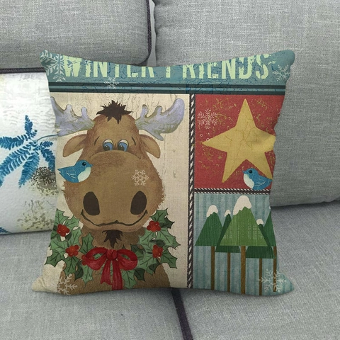 Funda De Almohada De Navidad Lino Funda De Cojín Dibujos Animados Papá Noel Reno Decoración Hogar Cuadrada