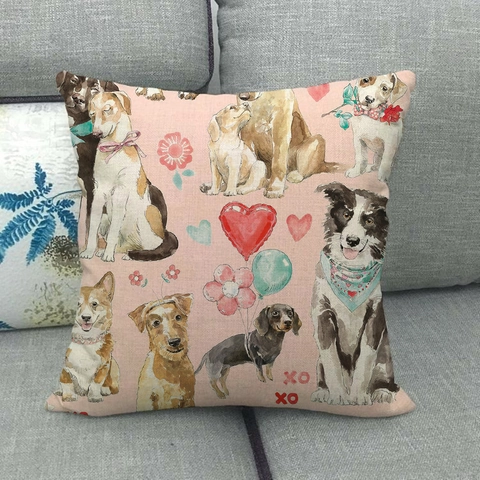 Housse de Coussin en Lin Chien Aquarelle Illustration Artistique d'Animaux de Compagnie Taie d'Oreiller Carrée Décorative pour Canapé Salon