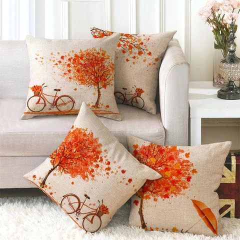 Federe Per Cuscini In Lino Autunno Albero Acero Bicicletta Per Divano Copricuscino Decorativo Soggiorno Arredamento