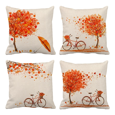 Federe Per Cuscini In Lino Autunno Albero Acero Bicicletta Per Divano Copricuscino Decorativo Soggiorno Arredamento
