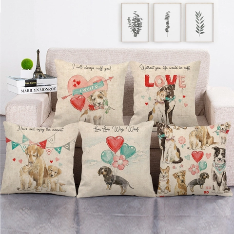 Housse de Coussin en Lin Chien Aquarelle Illustration Artistique d'Animaux de Compagnie Taie d'Oreiller Carrée Décorative pour Canapé Salon