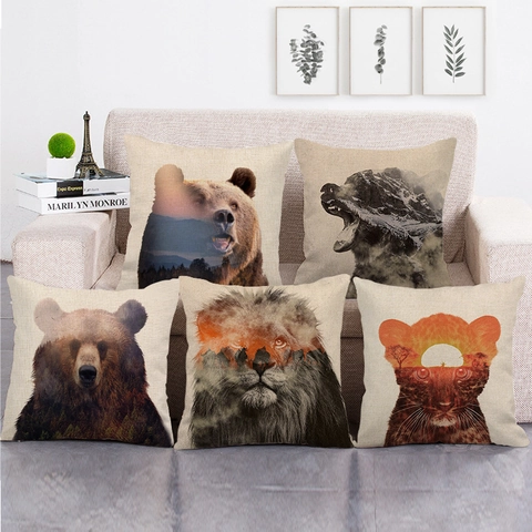 Tierkunst Double Exposure Leinen Kissenbezug Waldlandschaft Natur Thema Dekorative Hülle Für Sofa Bett Wohnzimmer