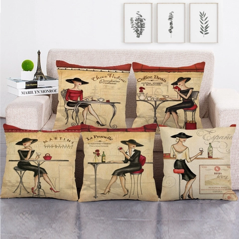 Vintage Französische Kunst Illustration Dame Kissenbezüge Leinenmischung Dekorative Quadratische Kissenhüllen Sofa