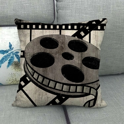 Vintage Music Movie Theme Linen Cushion Cover Retro Guitar Record Clapperboard Square Pillow Case For Home Living Room Decor