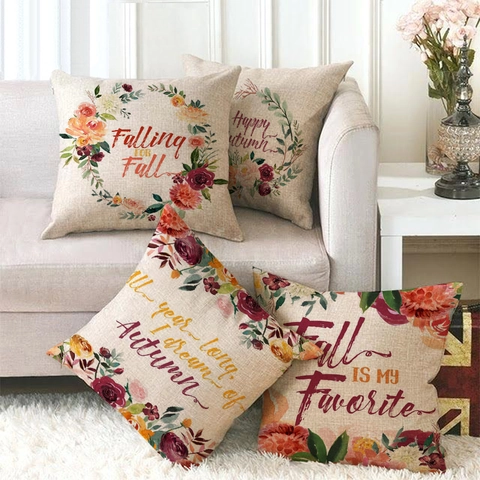 Herbstblumen Leinen Deko Kissenbezüge Falling For Fall Happy Autumn Slogan Kissenhüllen Für Zuhause Deko