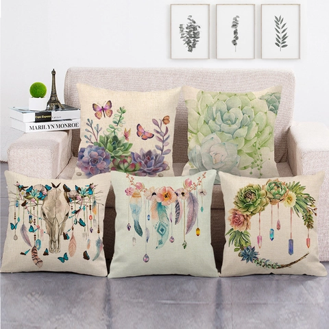 Funda de Cojín de Lino Boho Patrón Floral Suculenta de Acuarela Funda de Almohada Cuadrada Decorativa Para Sala de Estar Dormitorio Sofá Decoración