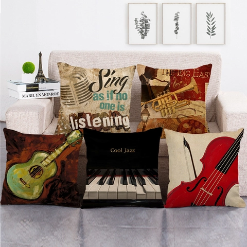 Federa per Cuscino in Lino a Tema Musica Vintage Strumenti Musicali Stampa Pianoforte Chitarra Copricuscino Artistico Decorativo per Divano di Casa