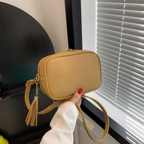 Fashion Women PU Leather Litchi Pattern Small Square Crossbody Bag With Wide Geometric Strap Tassel Shoulder Bag Daily Casual