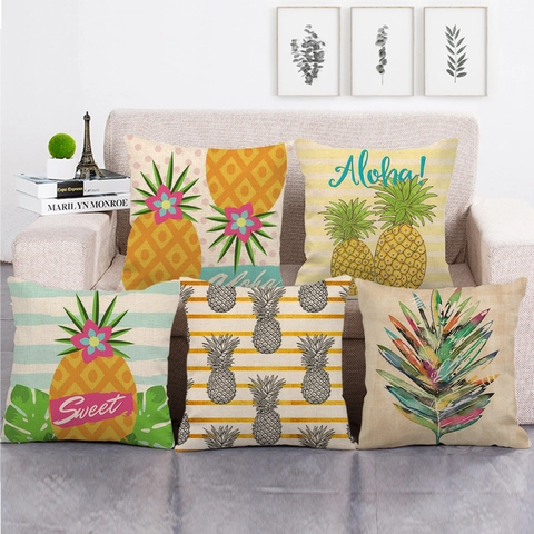 Tropische Ananas Monstera Bladeren Linnen Kussensloop Decoratieve Kussenhoes Voor Thuis Bank Kantoor Slaapkamer