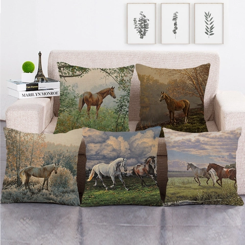 Fodera per Cuscino in Lino con Pittura a Olio di Cavallo Vintage Decorativa Pastorale per Divano Casa Ufficio