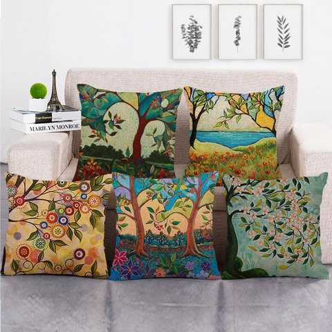 Fodera per Cuscino in Lino con Alberi della Foresta Dipinti Stile Pittura a Olio Artistica Decorativa per Divano Soggiorno