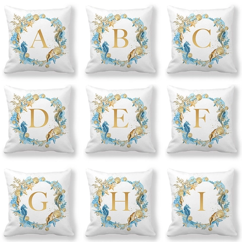 Ocean Wreath Print Peach Skin Velvet Decorative Pillowcase Coastal Theme Alphabet Letter Square Cushion Cover Home Decor