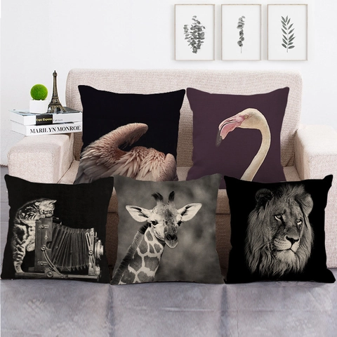 Leinen Kissenbezug Dekorativ Künstlerisch Wildtier Muster Löwe Elefant Vogel Quadratisch Sofa Haus Deko