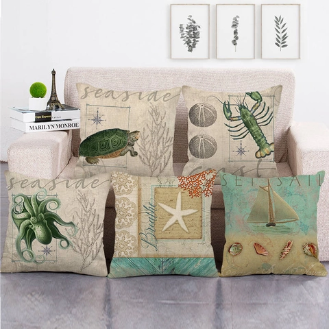 Vintage Nautical Ocean Theme Linen Throw Pillow Cover Decorative Square Cushion Case For Sofa Living Room Marine Life Pattern