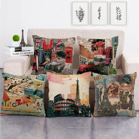 Fundas De Cojín De Lino De Viaje Vintage Retro Londres París Monumentos Paisaje Urbano Cuadradas Para Sofá Cama Decoración Hogar